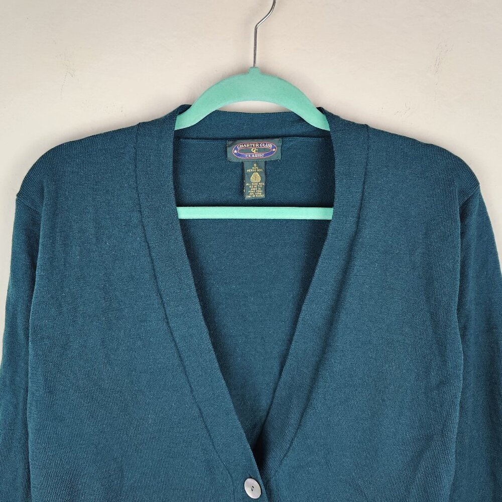 Charter Club Classic 100% Merino Wool Green Cardigan Sweater sz S flaw - Picture 3 of 12
